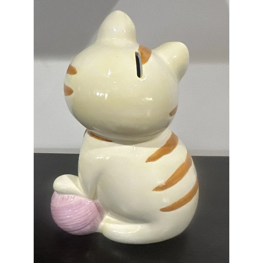 Ceramic Winking Striped Cat Piggy Bank Kitty Kitten Flower Yarn 12